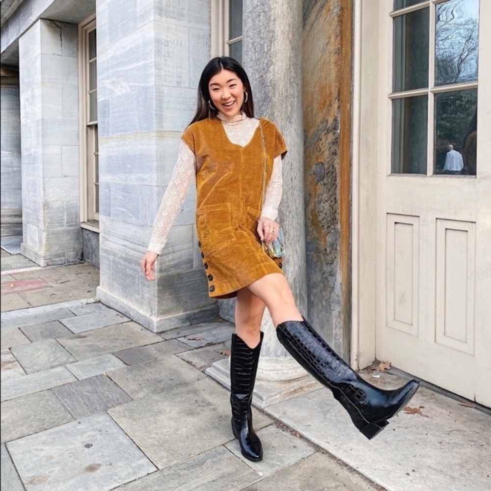 Madewell Golden Yellow Corduroy Side-Button Cotton Blend Shift Dress size XXS
